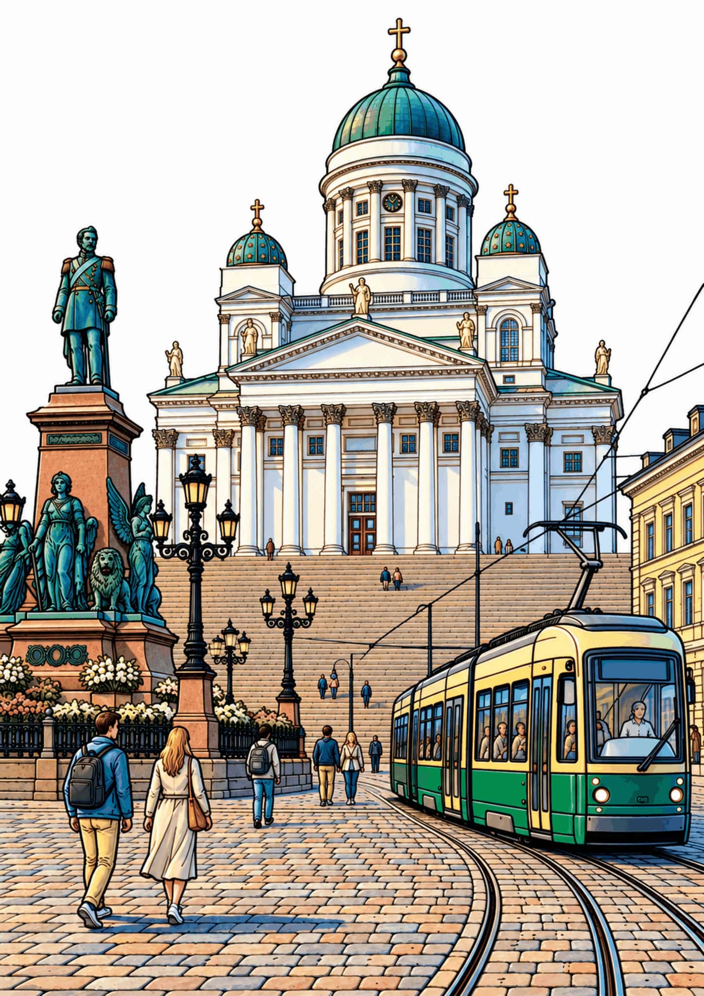 Helsinki Cathedral above Senate Square with a green tram in the foreground.