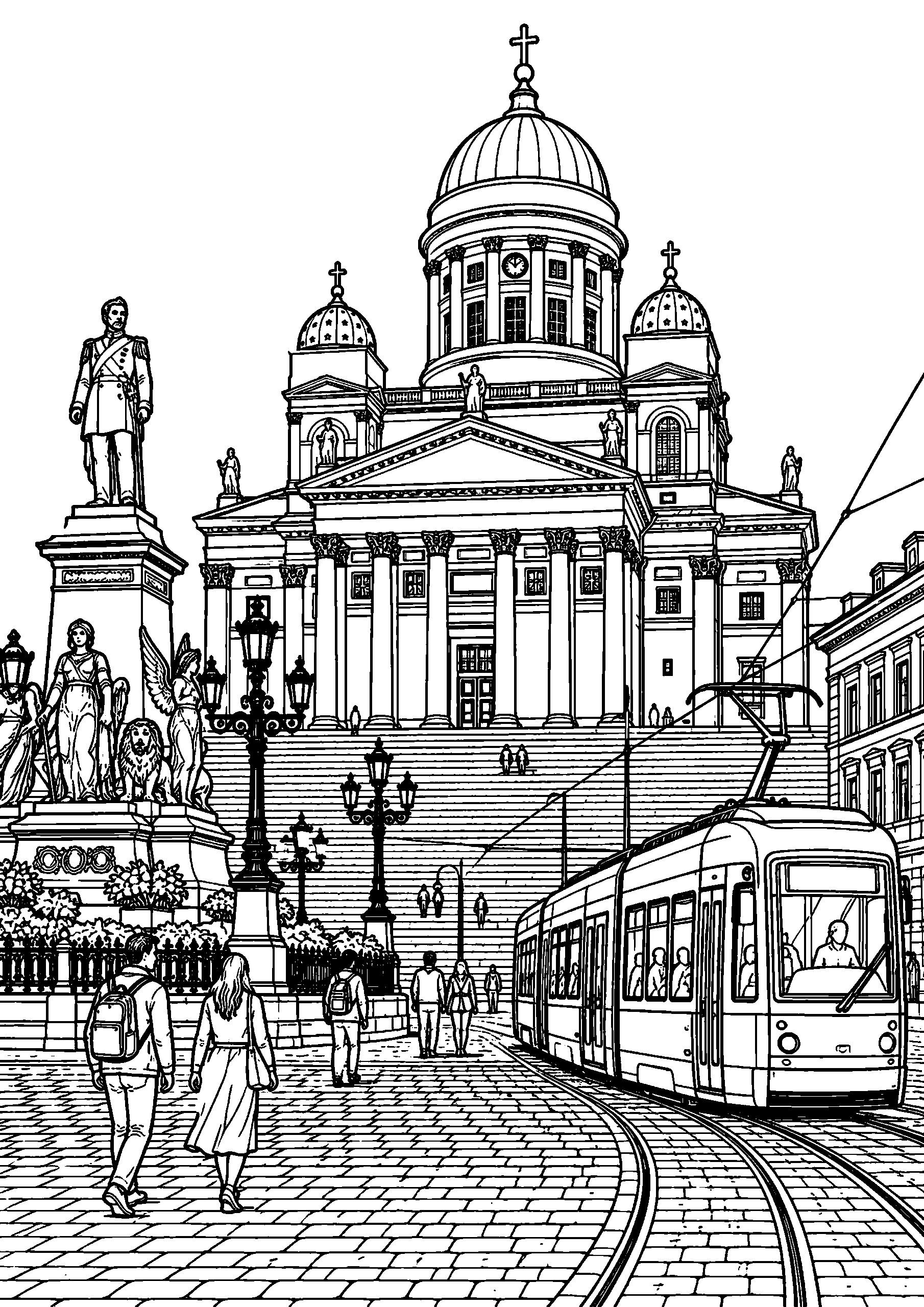 Black-and-white coloring page of Helsinki Cathedral overlooking Senate Square with a tram and pedestrians.