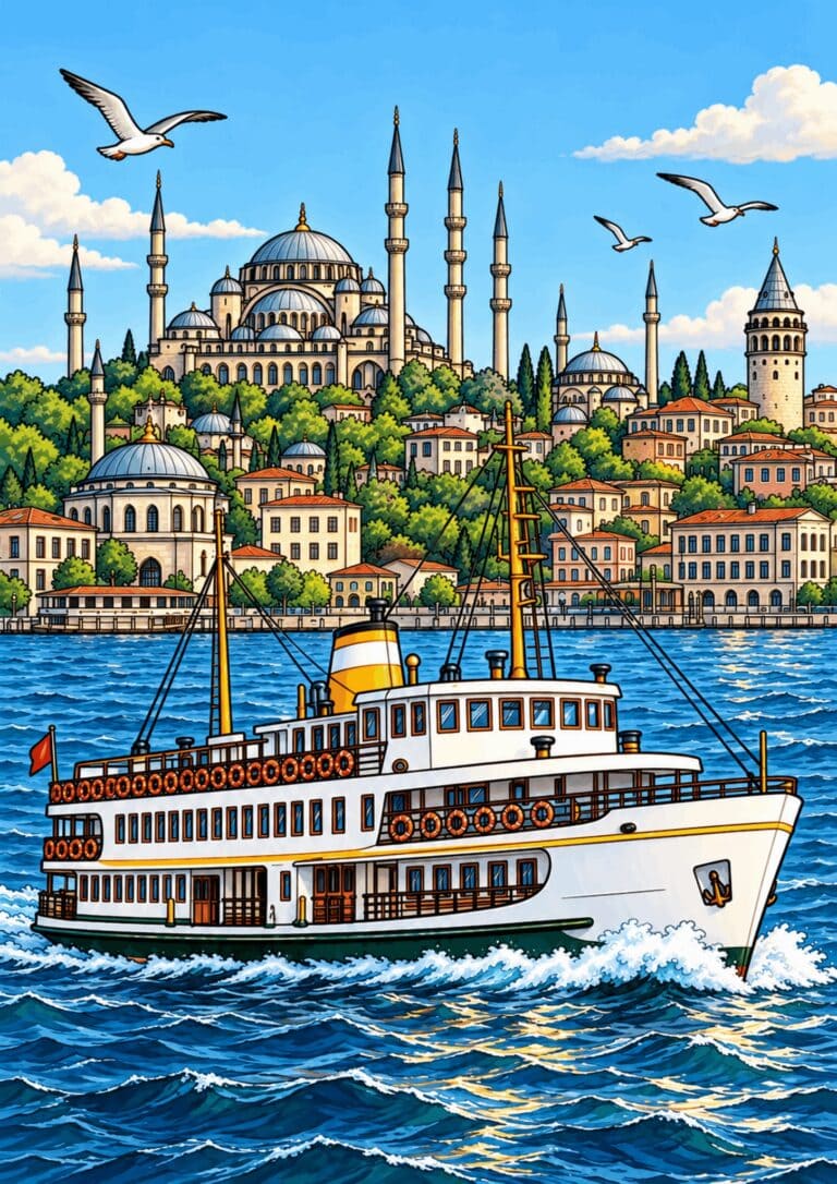 Passenger ferry crossing the Bosphorus before Istanbul’s domes and minarets.