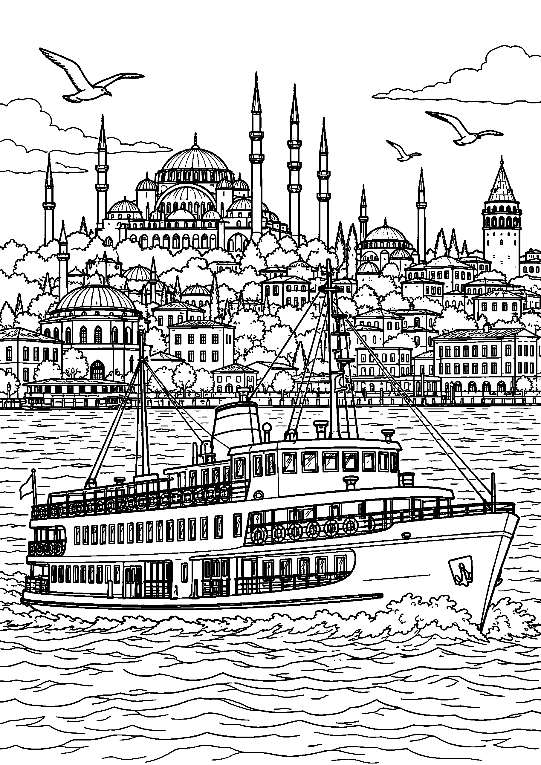 Black-and-white coloring page of a ferry crossing Istanbul’s Bosphorus with domes, minarets and seabirds in the background.