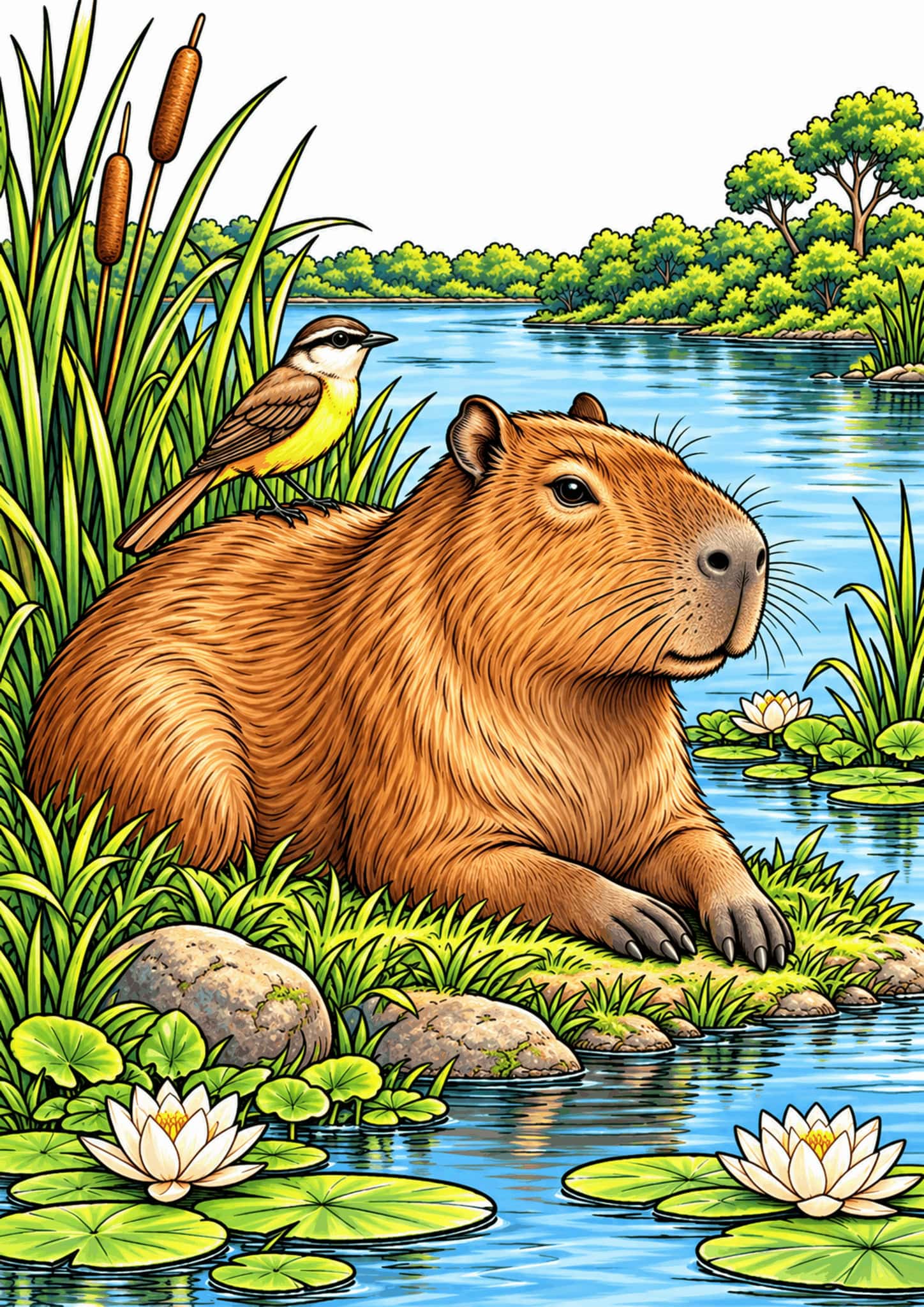 Brown capybara resting by a riverbank among reeds and water lilies.