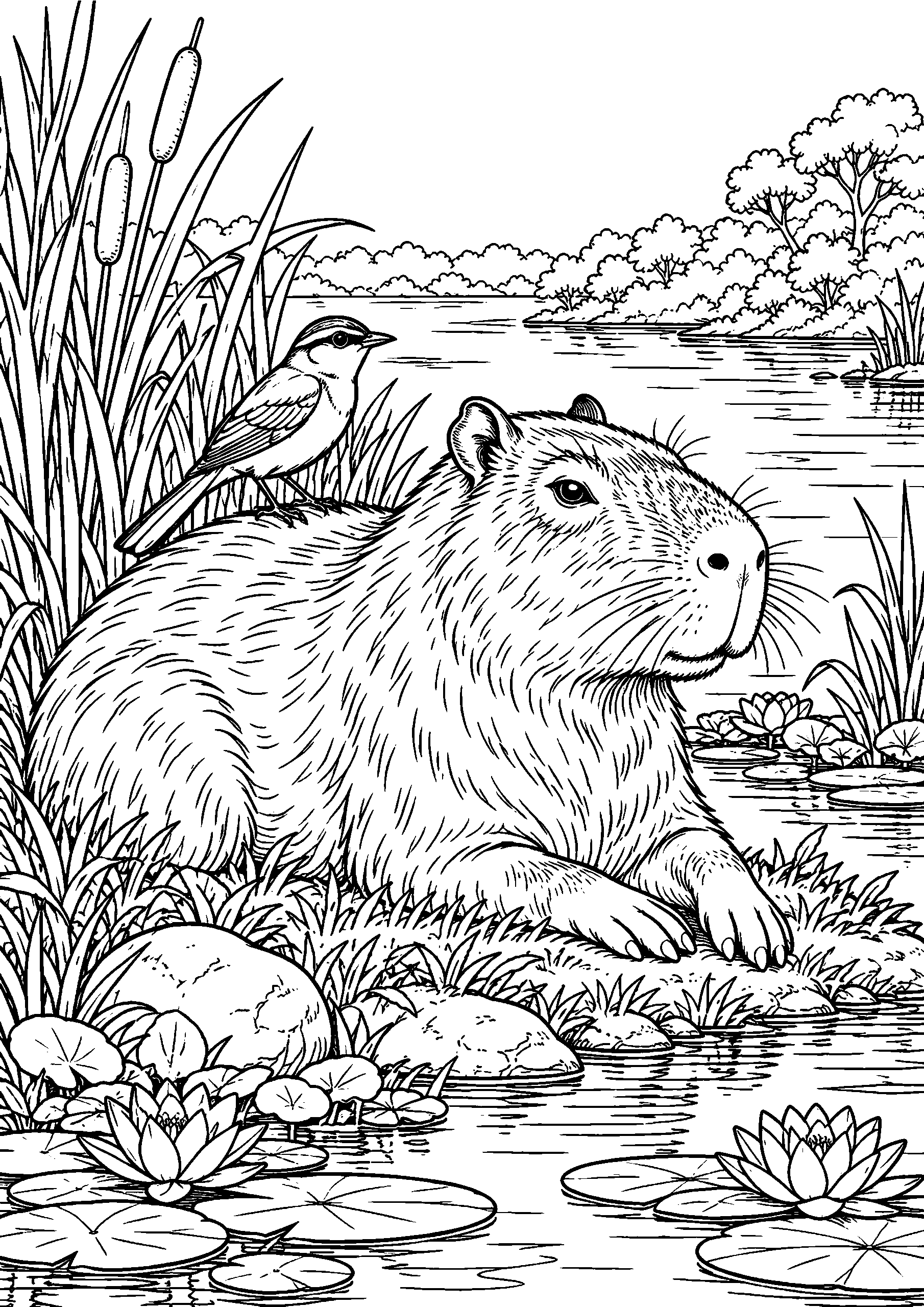 Black-and-white coloring page of a capybara resting by a river while a small bird perches on its back.