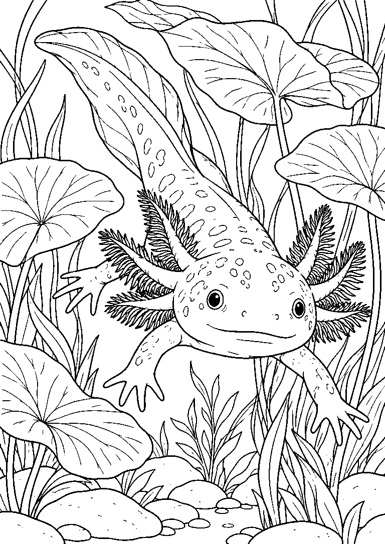 Black-and-white coloring page of an axolotl swimming among aquatic leaves with feathery external gills.