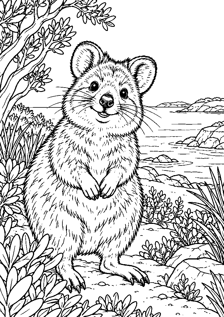Black-and-white coloring page of a quokka standing among coastal plants with a shoreline in the background.
