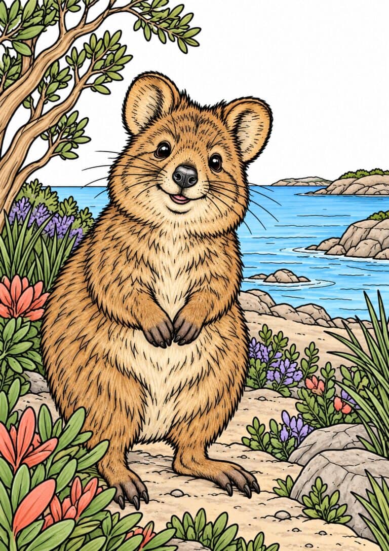 Small brown quokka among coastal flowers and shrubs beside blue water.