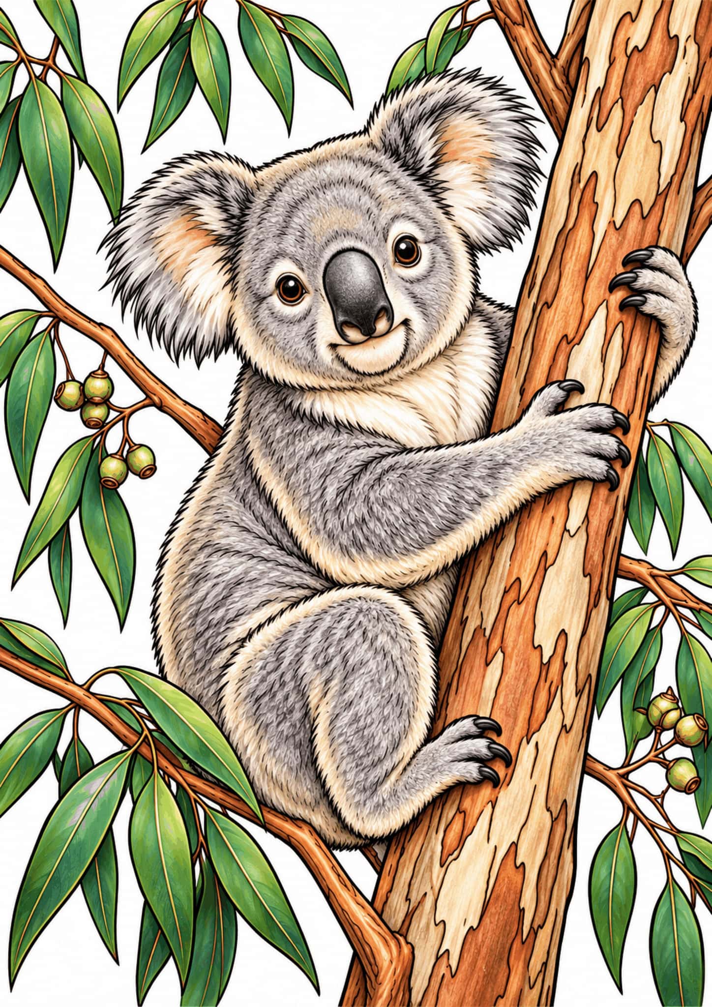 Koala clinging to a eucalyptus trunk among long green leaves.