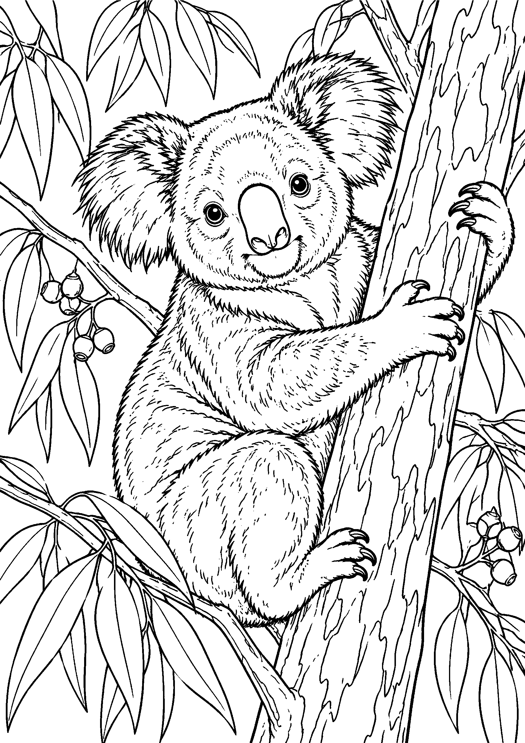 Black-and-white coloring page of a koala clinging to a eucalyptus tree trunk surrounded by leafy branches.