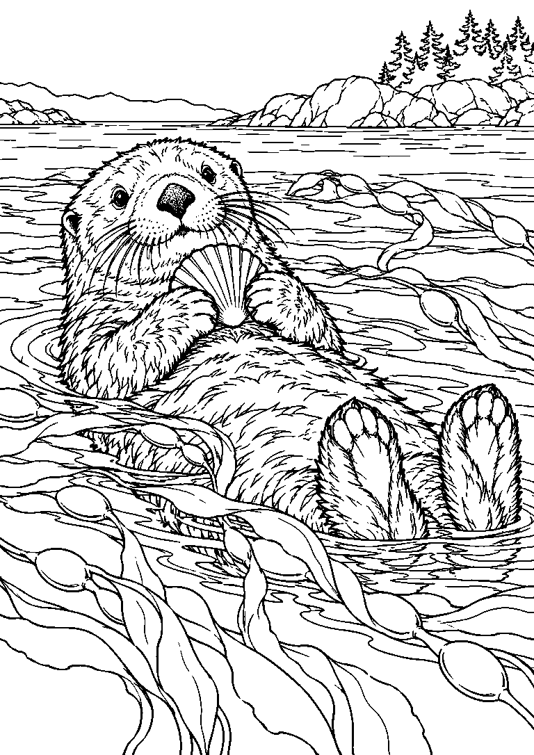 Black-and-white coloring page of a sea otter floating on its back among kelp while holding a shell.