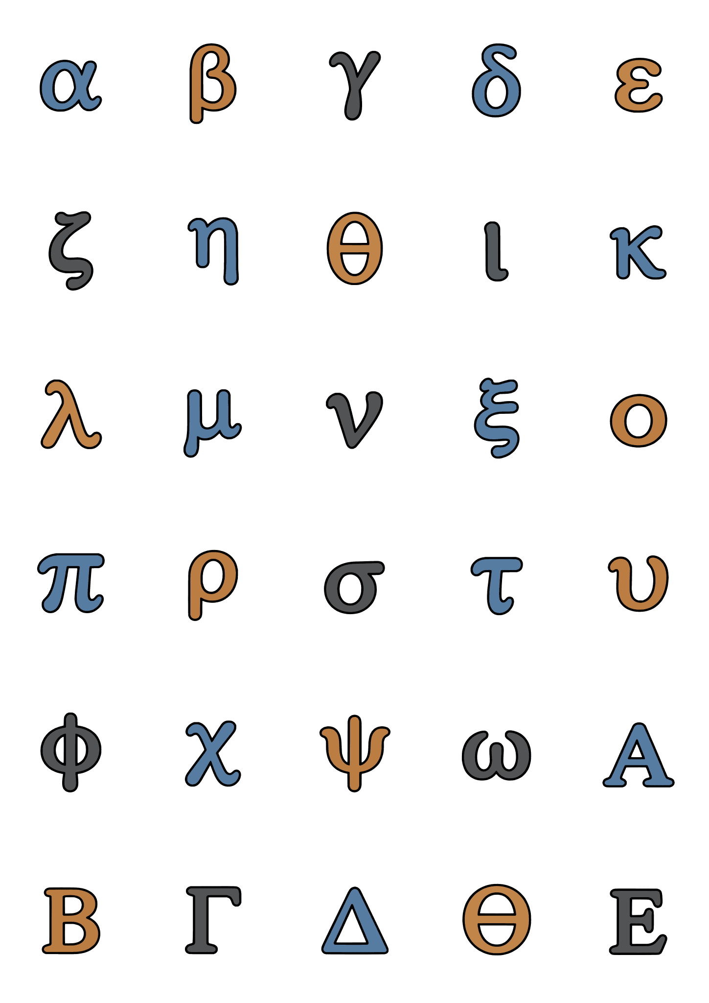 Colored example of the greek letter tiny tattoo sheet, with 30 motifs in six rows and a palette of blue, ochre, charcoal.