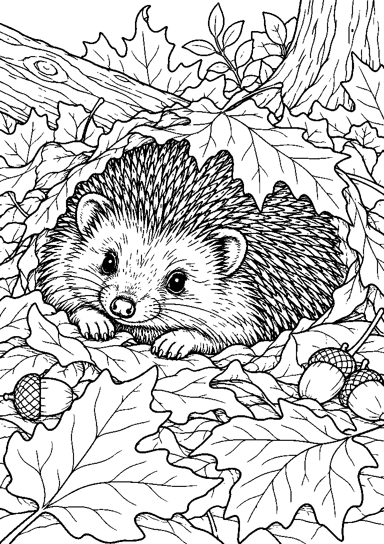 Black-and-white coloring page of a small hedgehog nestled among fallen autumn leaves and acorns.