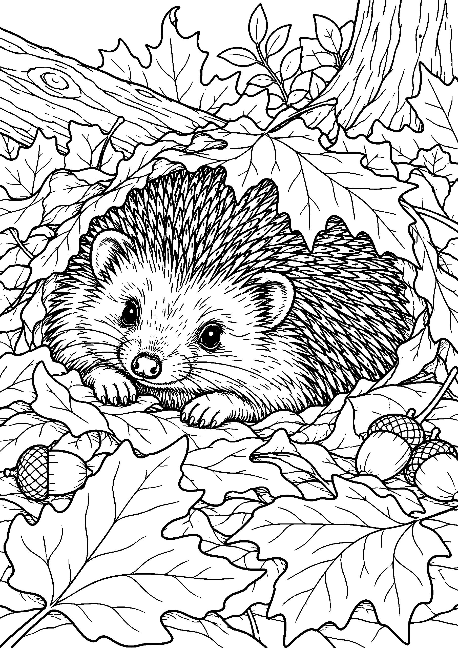 Black-and-white coloring page of a small hedgehog nestled among fallen autumn leaves and acorns.