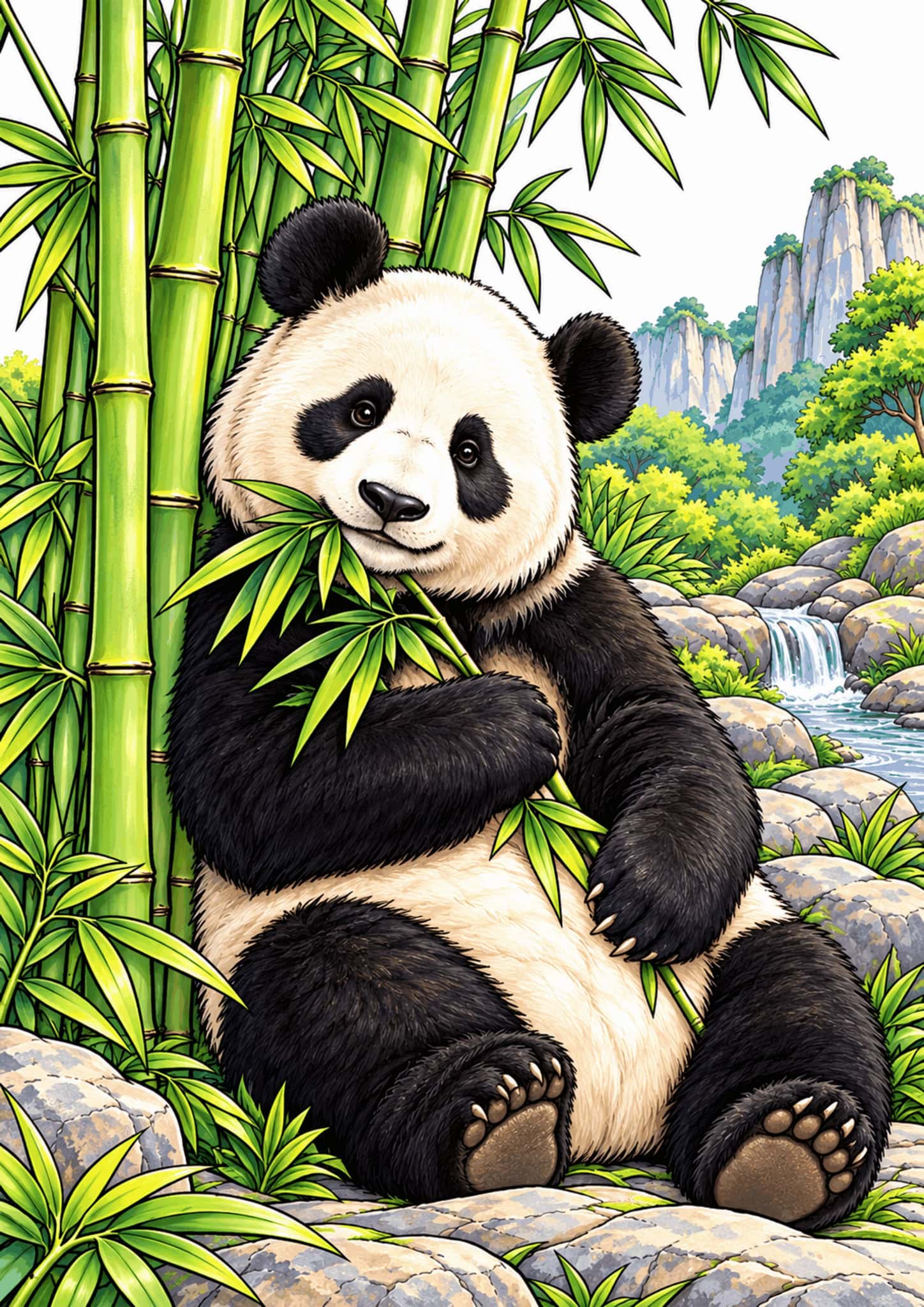 Giant panda resting among bamboo beside a stream.