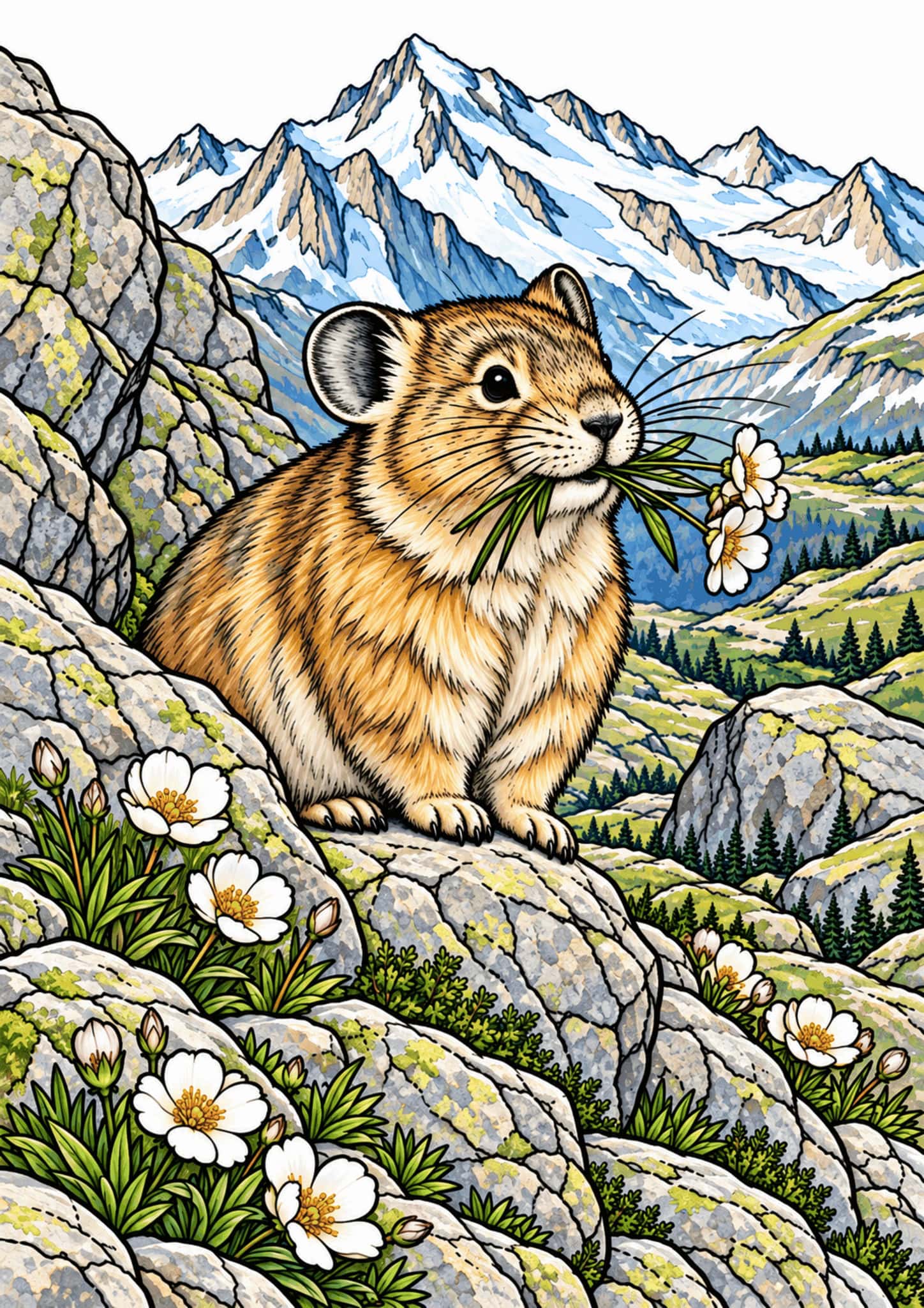Small pika holding alpine wildflowers among rocks and snowy mountains.