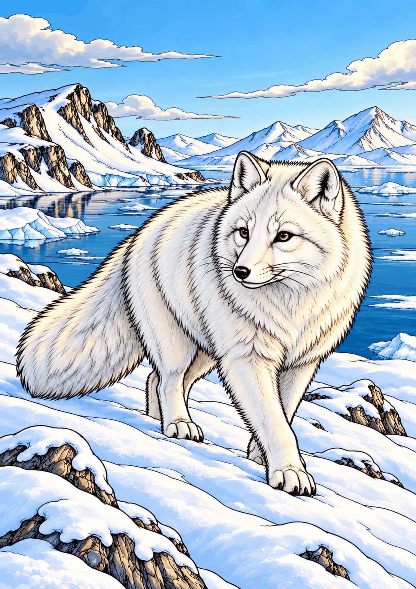 White arctic fox standing on a snowy ridge above icy blue water.