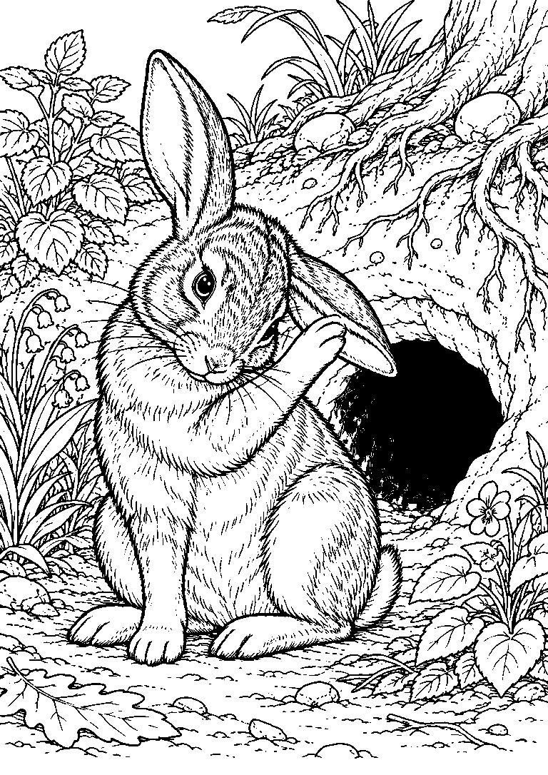 Black-and-white coloring page of a rabbit grooming itself outside a burrow surrounded by plants and tree roots.