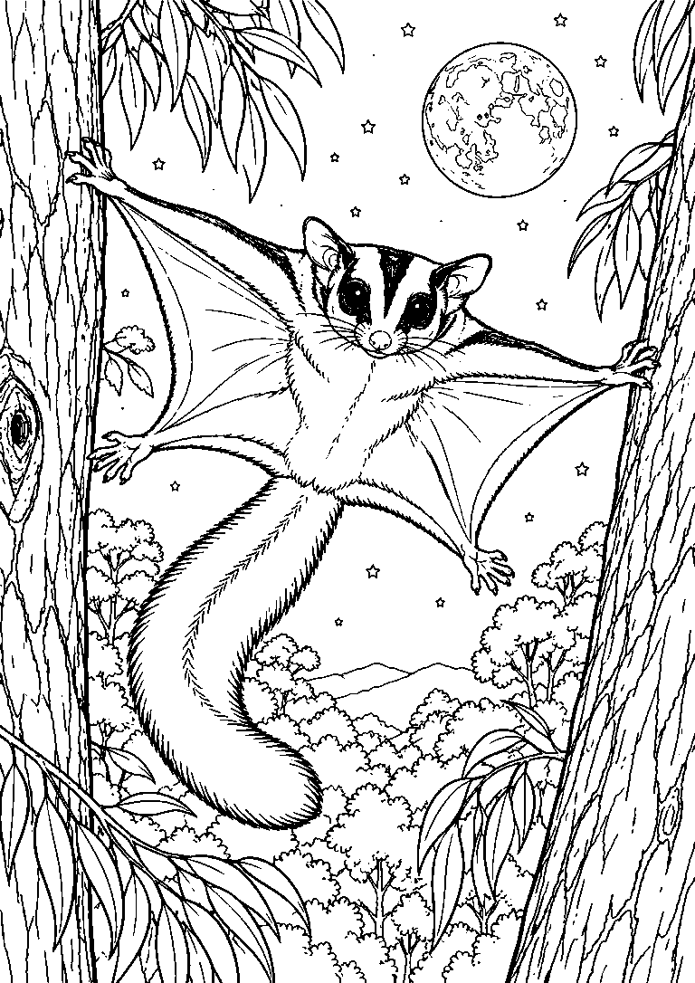 Black-and-white coloring page of a sugar glider gliding between trees beneath a moonlit night sky.