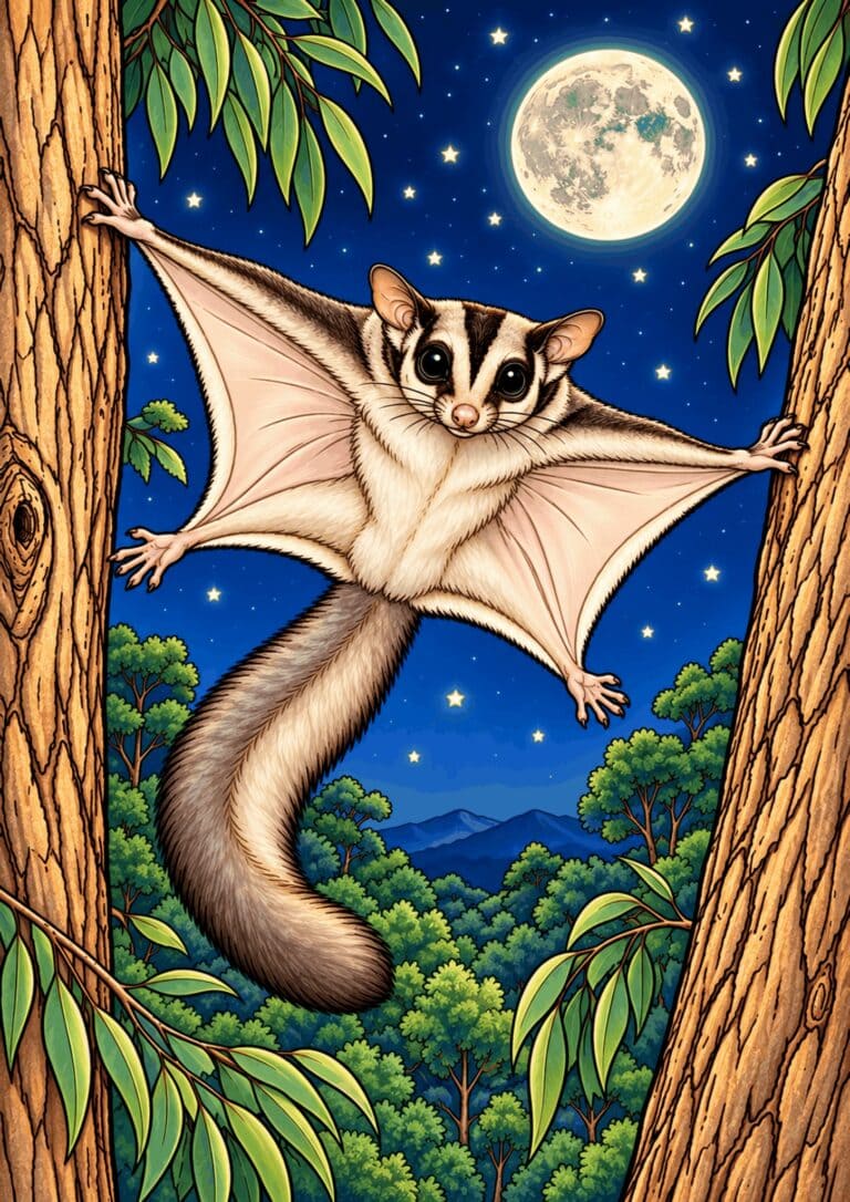 Sugar glider spreading its gliding membrane between trees under a moonlit sky.