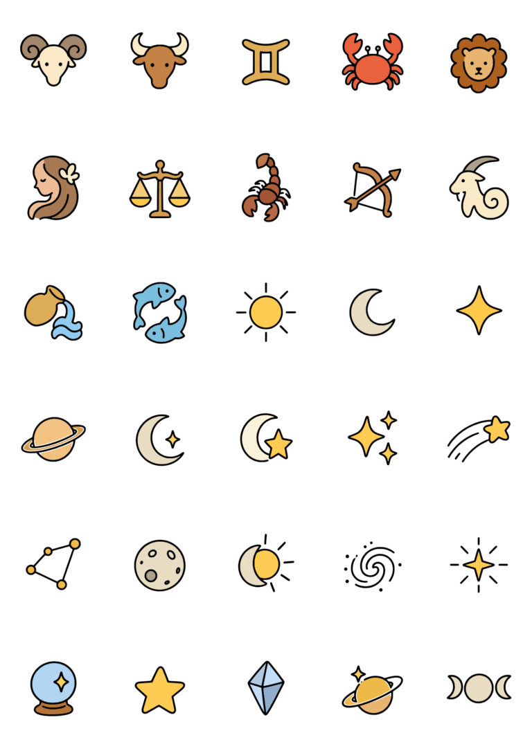 Colored example of the astrology tiny tattoo sheet, with 30 motifs in six rows and a palette of gold, blue.