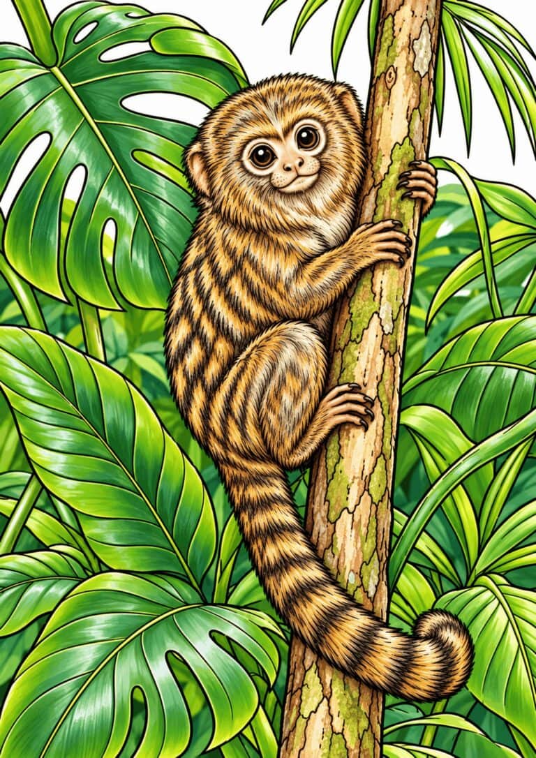 Tiny pygmy marmoset clinging to a tree trunk among tropical leaves.