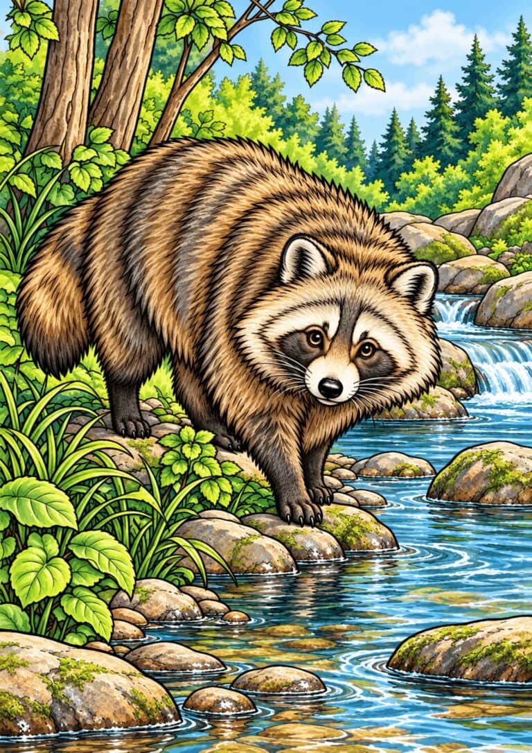 Raccoon dog walking beside a clear woodland stream.