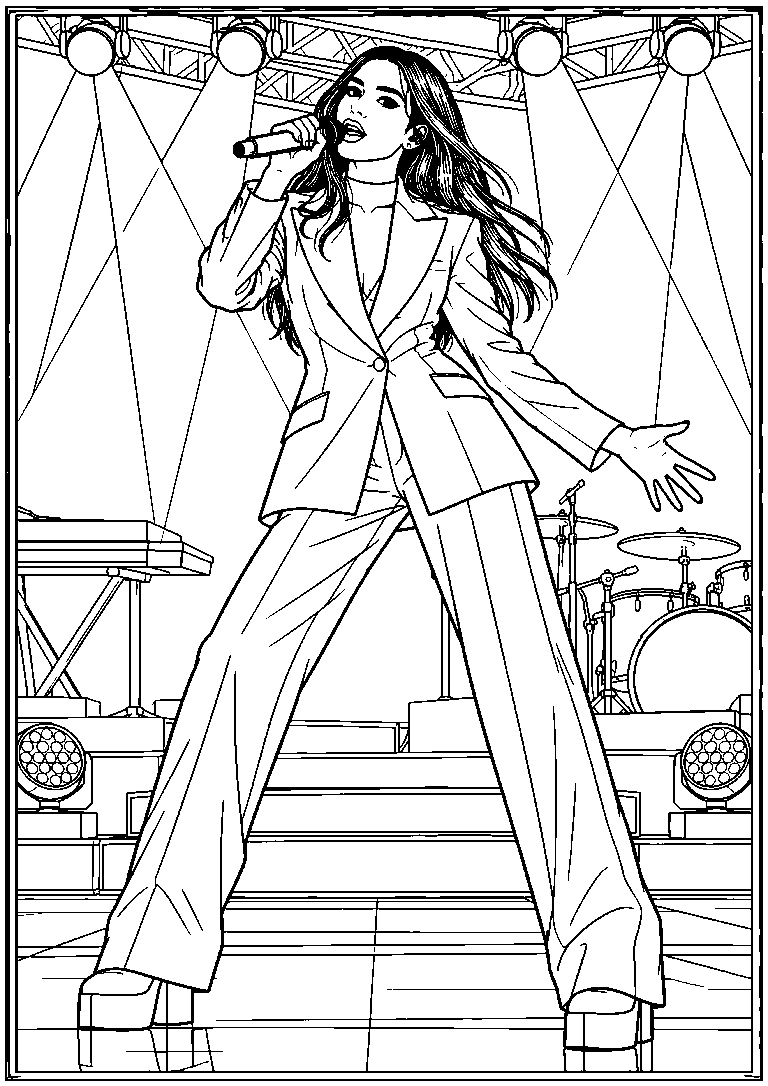 Black-and-white coloring page of Dua Lipa singing into a microphone in a tailored suit beneath stage spotlights.