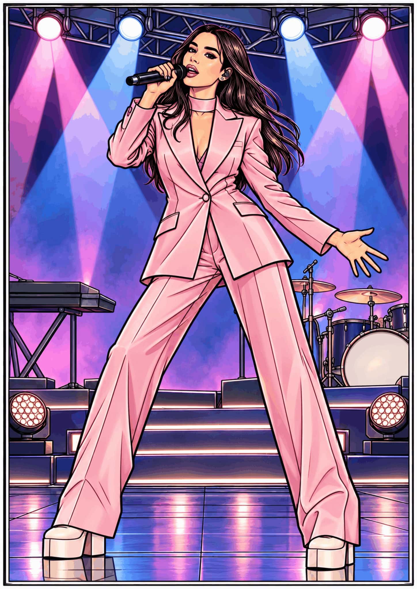 Illustrated Dua Lipa singing on stage in a pink suit under colored spotlights.