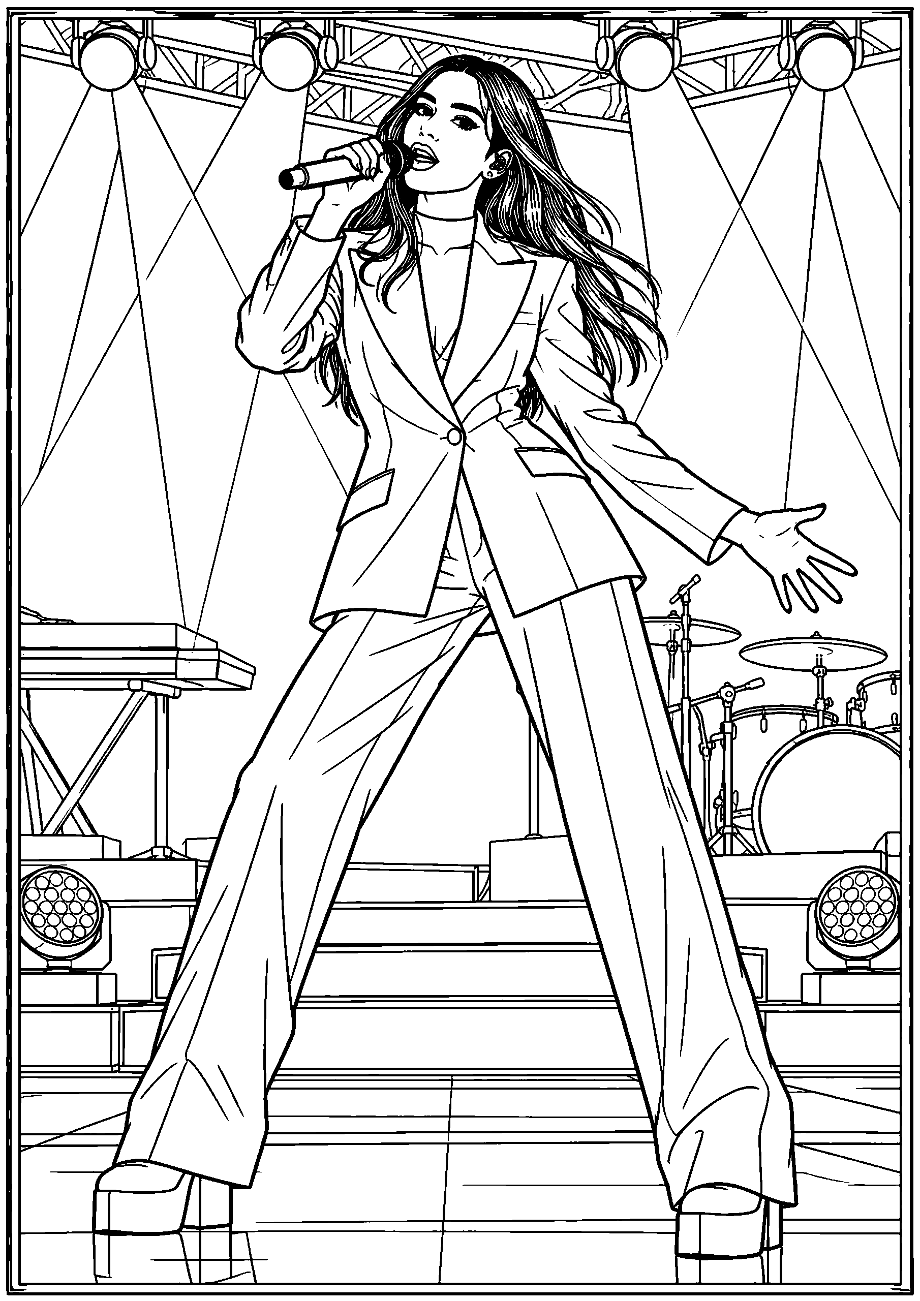 Black-and-white coloring page of Dua Lipa singing into a microphone in a tailored suit beneath stage spotlights.