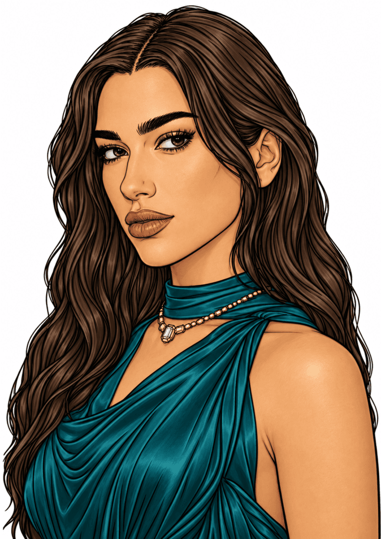 Illustrated portrait of Dua Lipa with long dark hair, a teal dress, and gold jewelry.