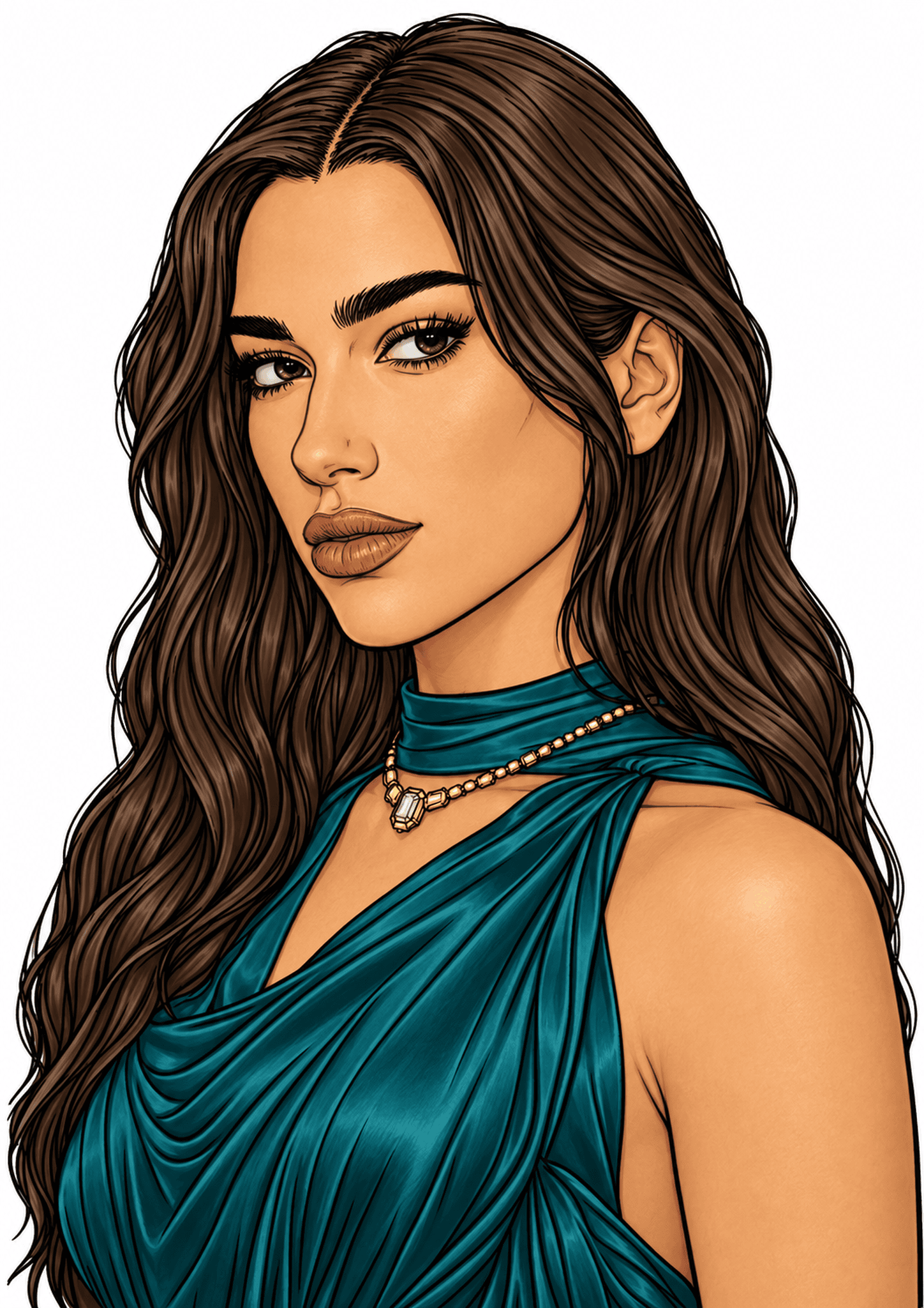 Illustrated portrait of Dua Lipa with long dark hair, a teal dress, and gold jewelry.