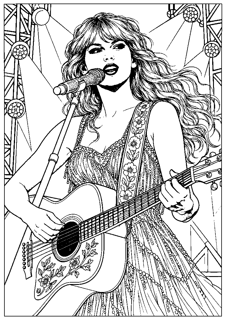 Black-and-white coloring page of Taylor Swift singing into a microphone while playing an acoustic guitar on stage.