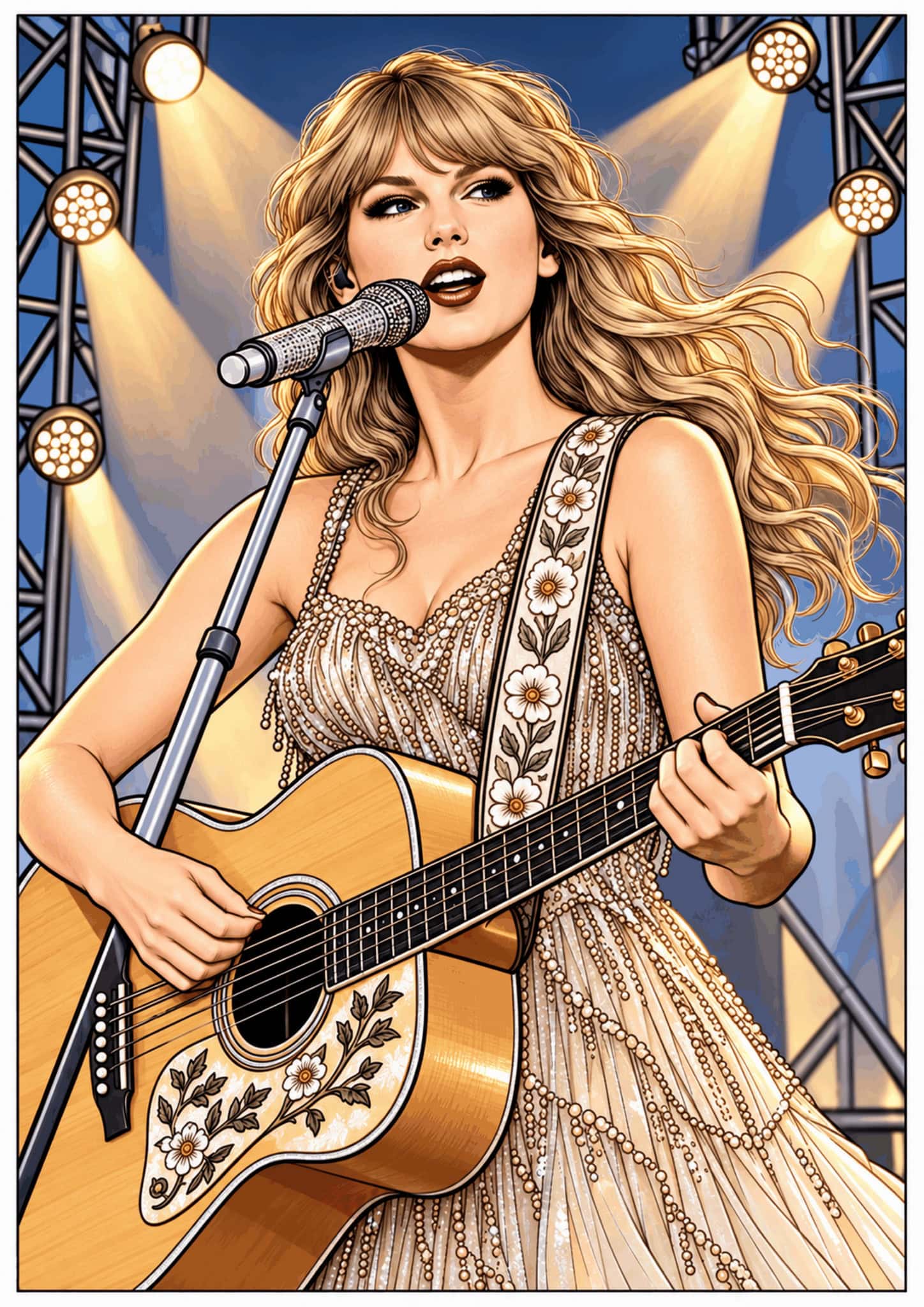 Illustrated Taylor Swift singing and playing an acoustic guitar on stage.