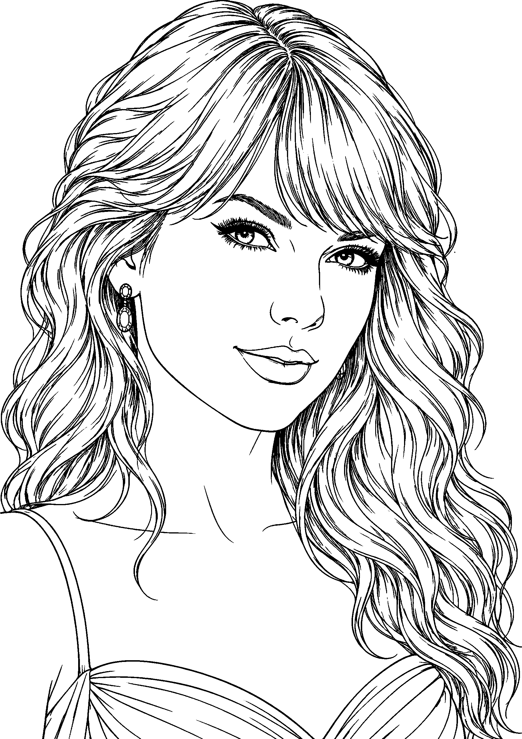 Black-and-white coloring page of an illustrated head-and-shoulders portrait of Taylor Swift with long wavy hair and bangs.