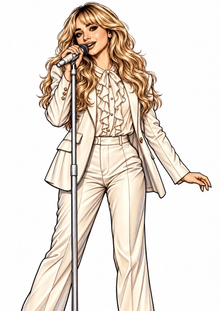 Illustrated Sabrina Carpenter singing into a microphone in a light outfit.
