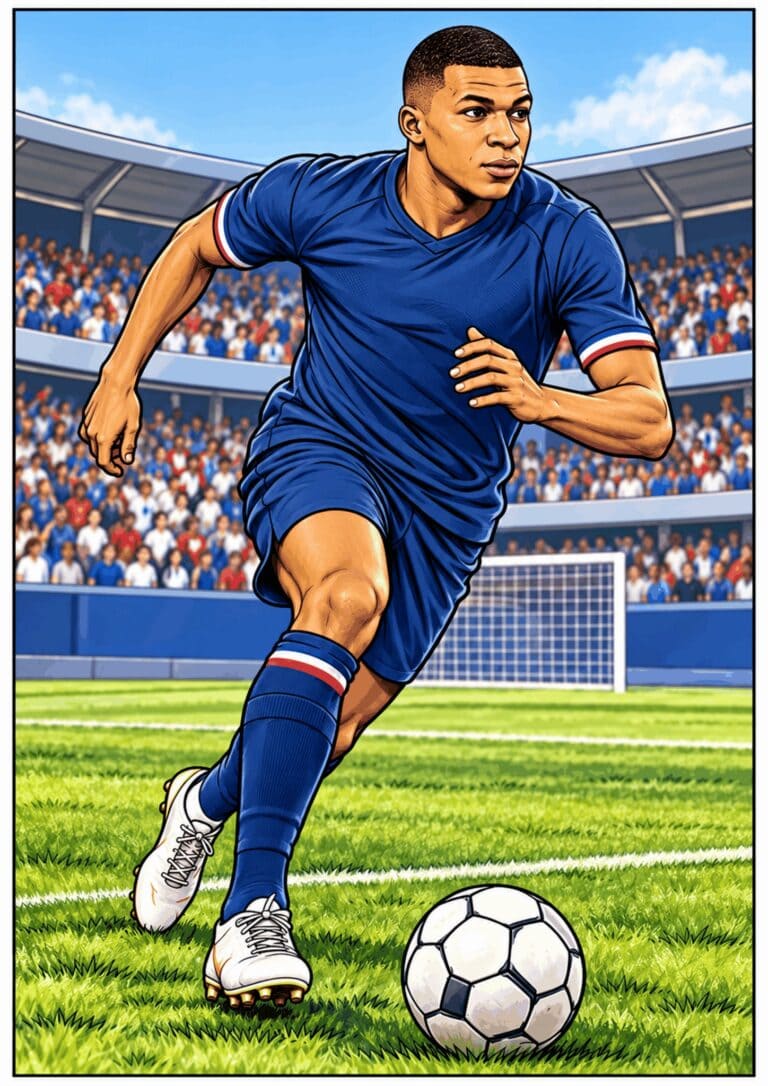 Illustrated Kylian Mbappé running with a soccer ball in a blue France uniform.