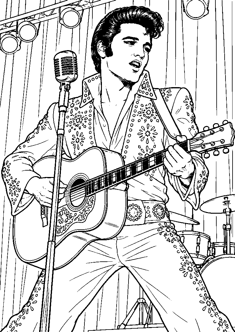 Coloring page of Elvis Presley playing guitar and singing into a microphone onstage, wearing a decorated suit.