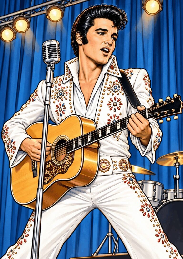 Illustrated Elvis Presley singing and playing guitar in a decorated white suit.