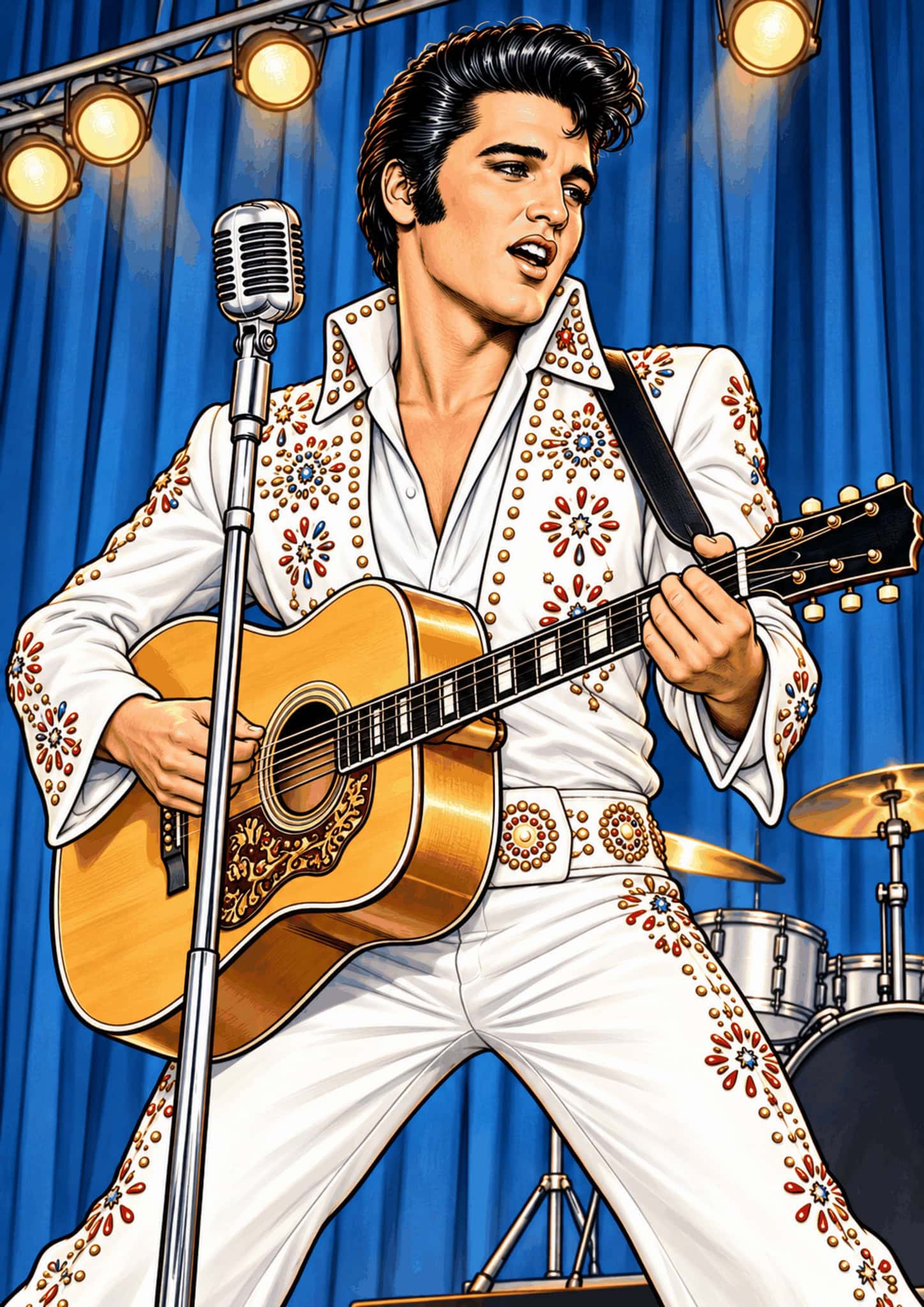 Illustrated Elvis Presley singing and playing guitar in a decorated white suit.