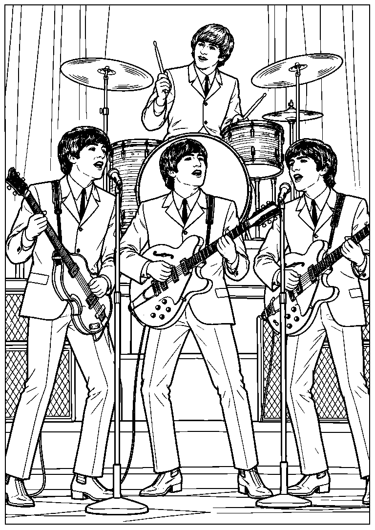 Coloring page of The Beatles performing onstage, with three guitarists at microphones and a drummer behind them.