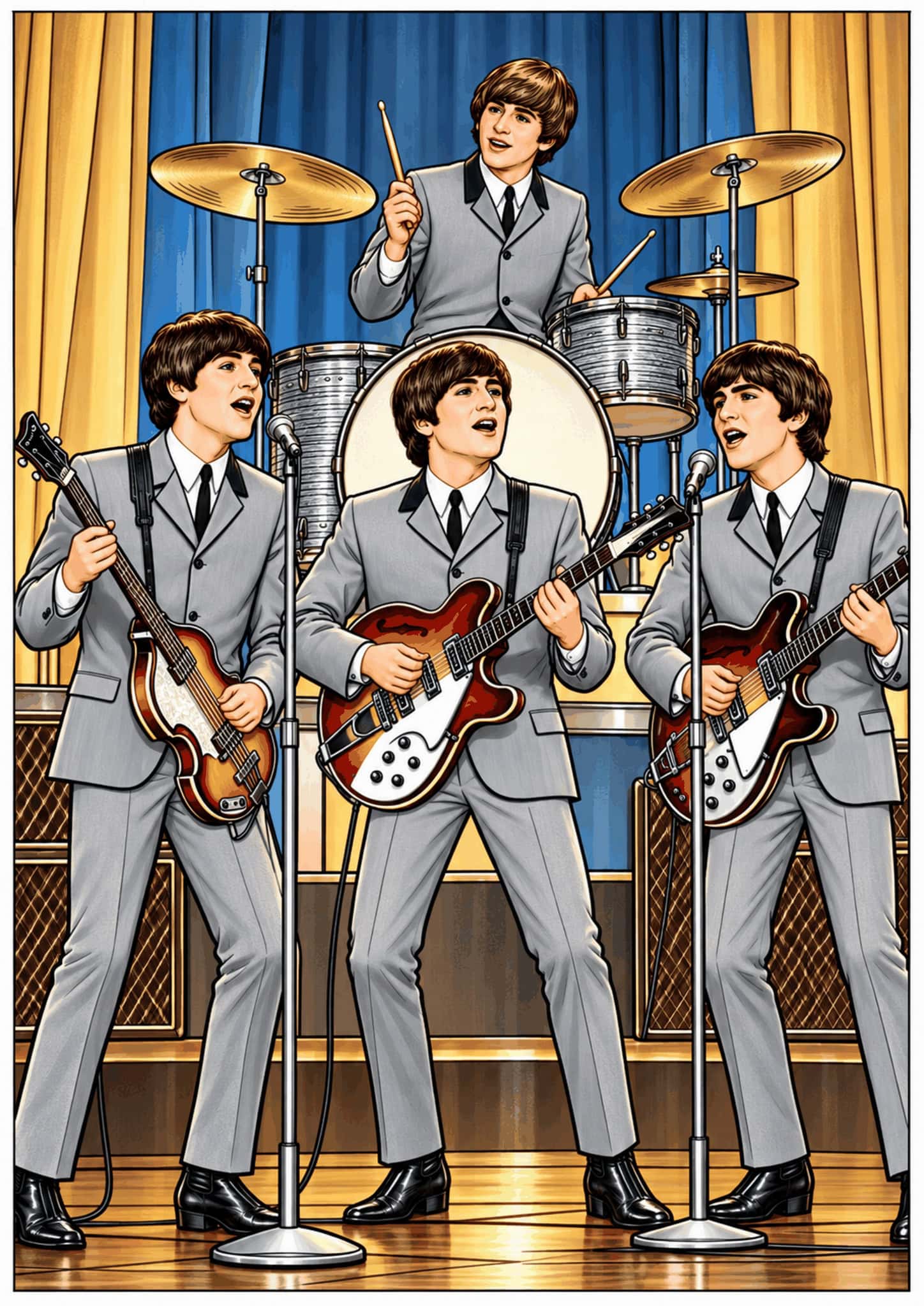 Illustrated Beatles performing together on stage in matching gray suits.