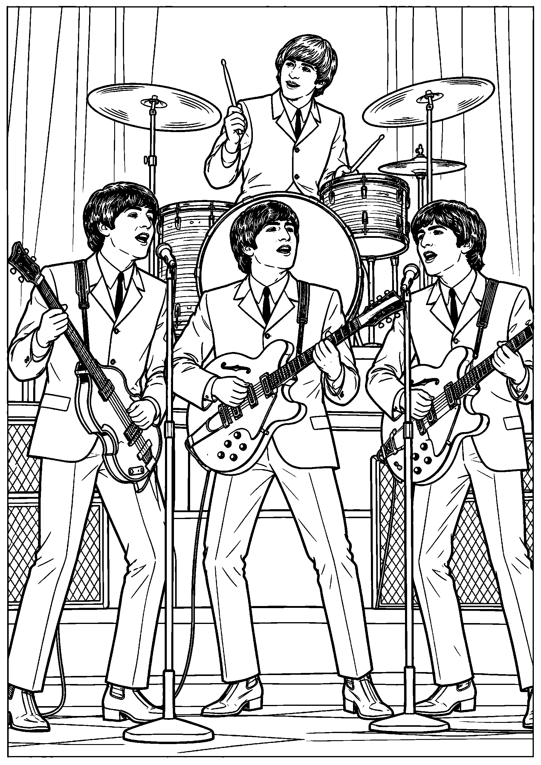 Coloring page of The Beatles performing onstage, with three guitarists at microphones and a drummer behind them.