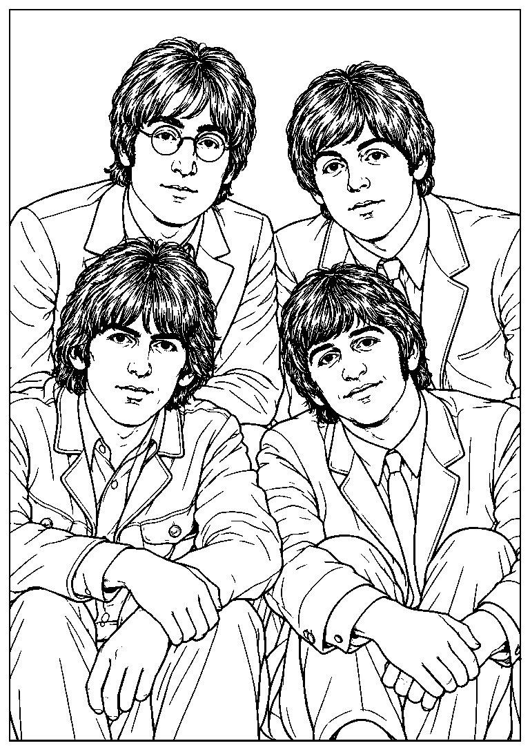 Group portrait coloring page of the four Beatles in blazers, with two members in front and two behind.
