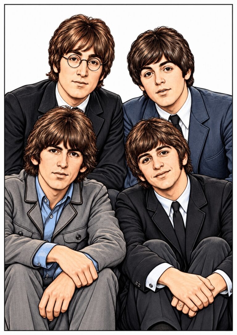 Illustrated group portrait of the Beatles in matching gray suits.