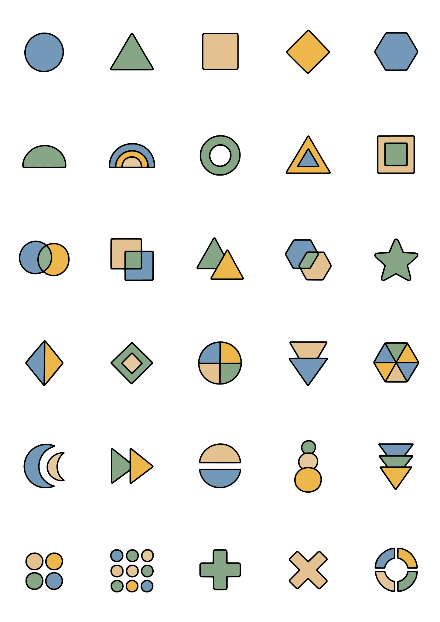 Colored example of the geometric shape tiny tattoo sheet, with 30 motifs in six rows and a palette of blue, sage, ochre.