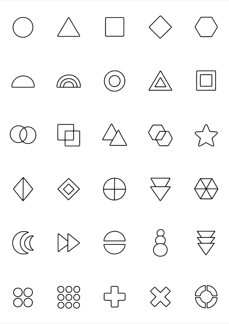 Black-and-white coloring and tiny tattoo sheet with 30 separate designs: circles, triangles, squares, diamonds, hexagons and overlapping simple shapes.