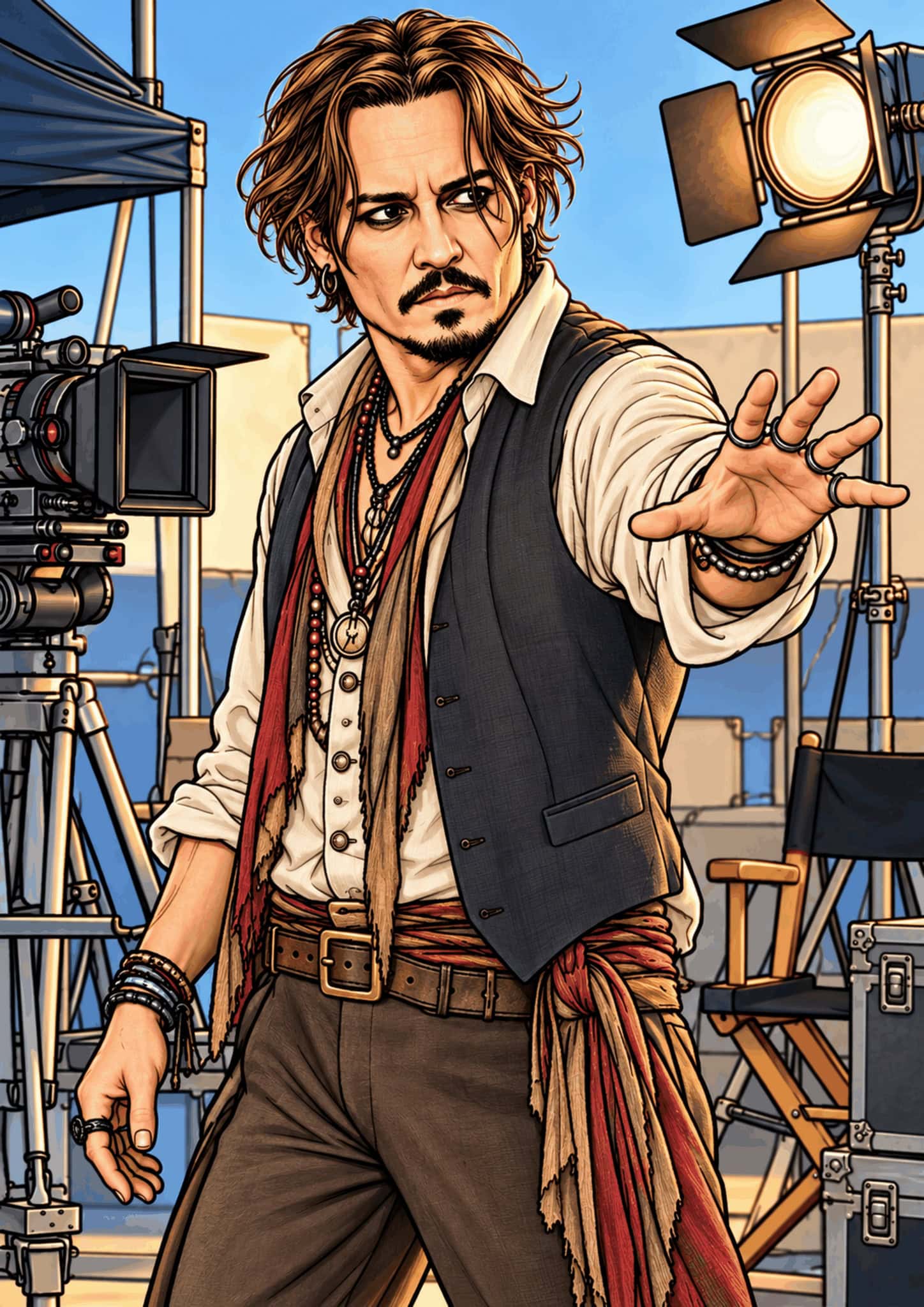 Illustrated Johnny Depp gesturing on a film set beside a camera and studio light.
