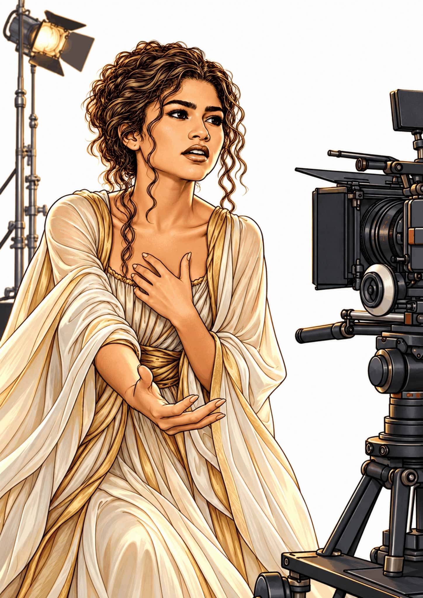 Illustrated Zendaya performing in a flowing cream dress beside a film camera.
