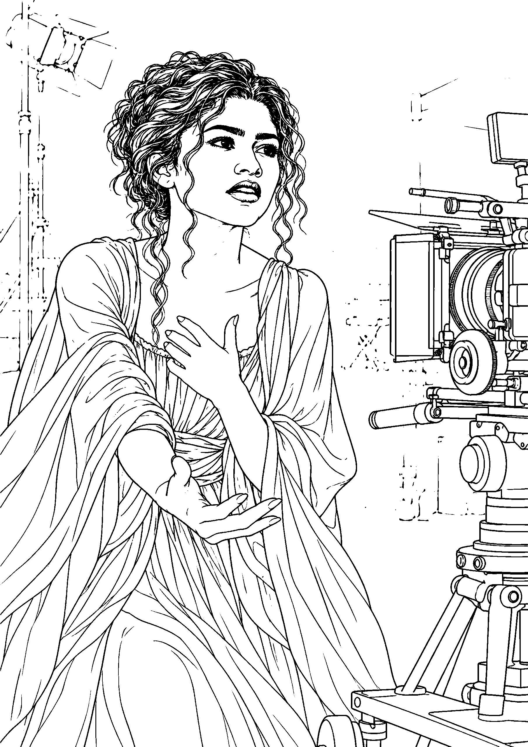 Coloring page of Zendaya in a flowing gown with wide sleeves, holding a hand to her chest beside a film camera.