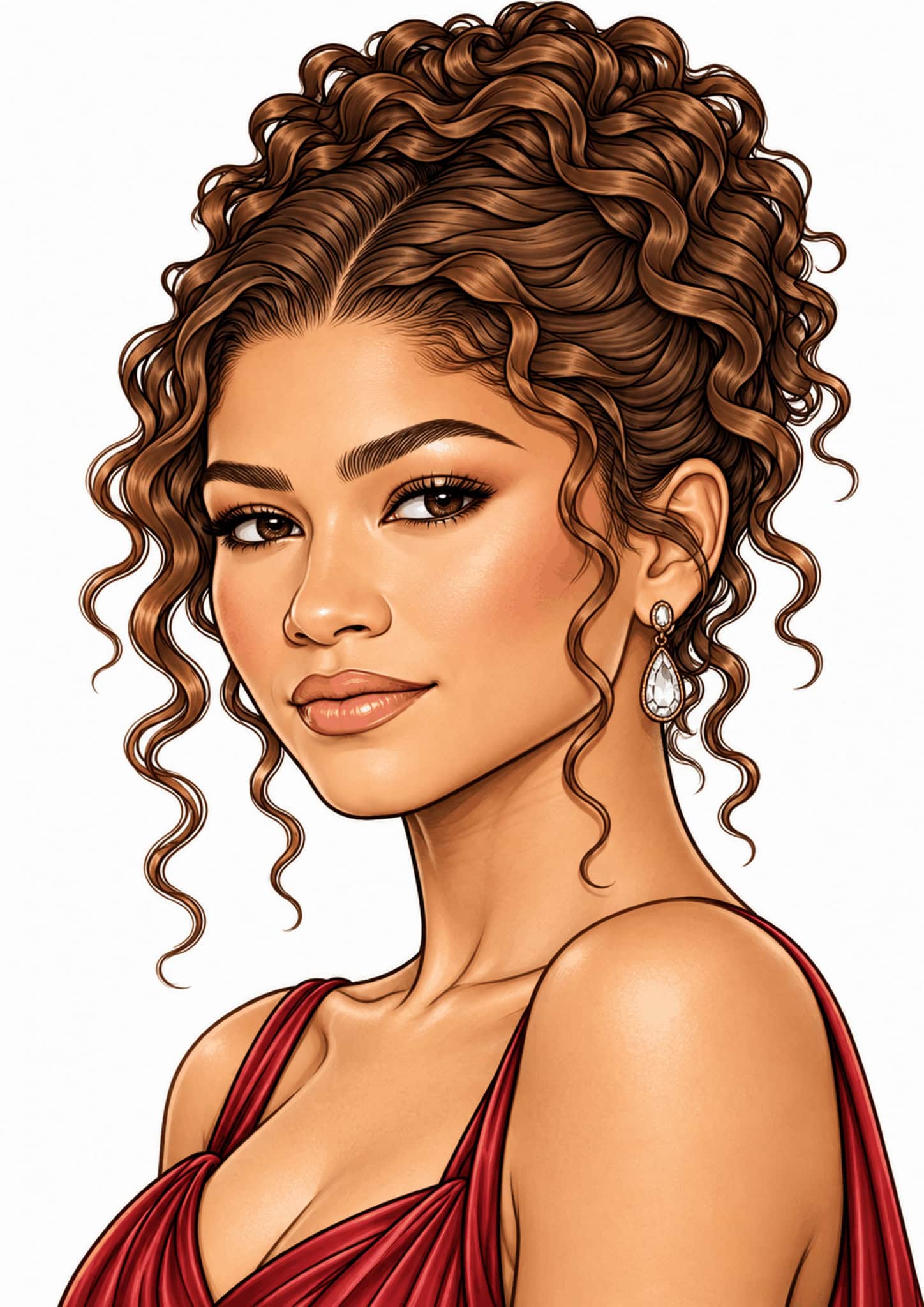 Illustrated portrait of Zendaya with an updo, earrings, and a red dress.