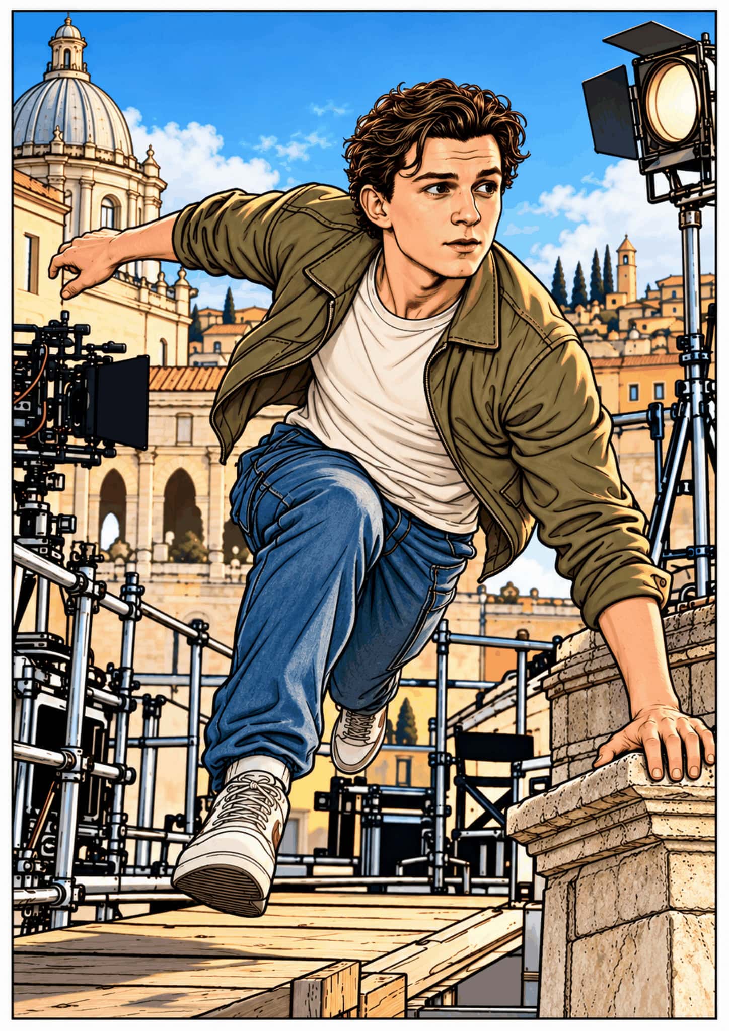 Illustrated Tom Holland leaping across a film set in a jacket and jeans.