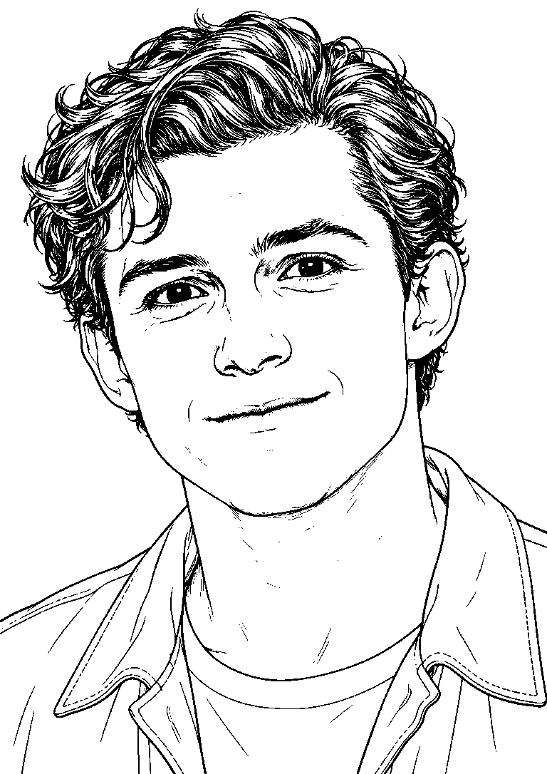 Portrait coloring page of Tom Holland with short, wavy hair and a slight smile, wearing an open shirt over a T-shirt.